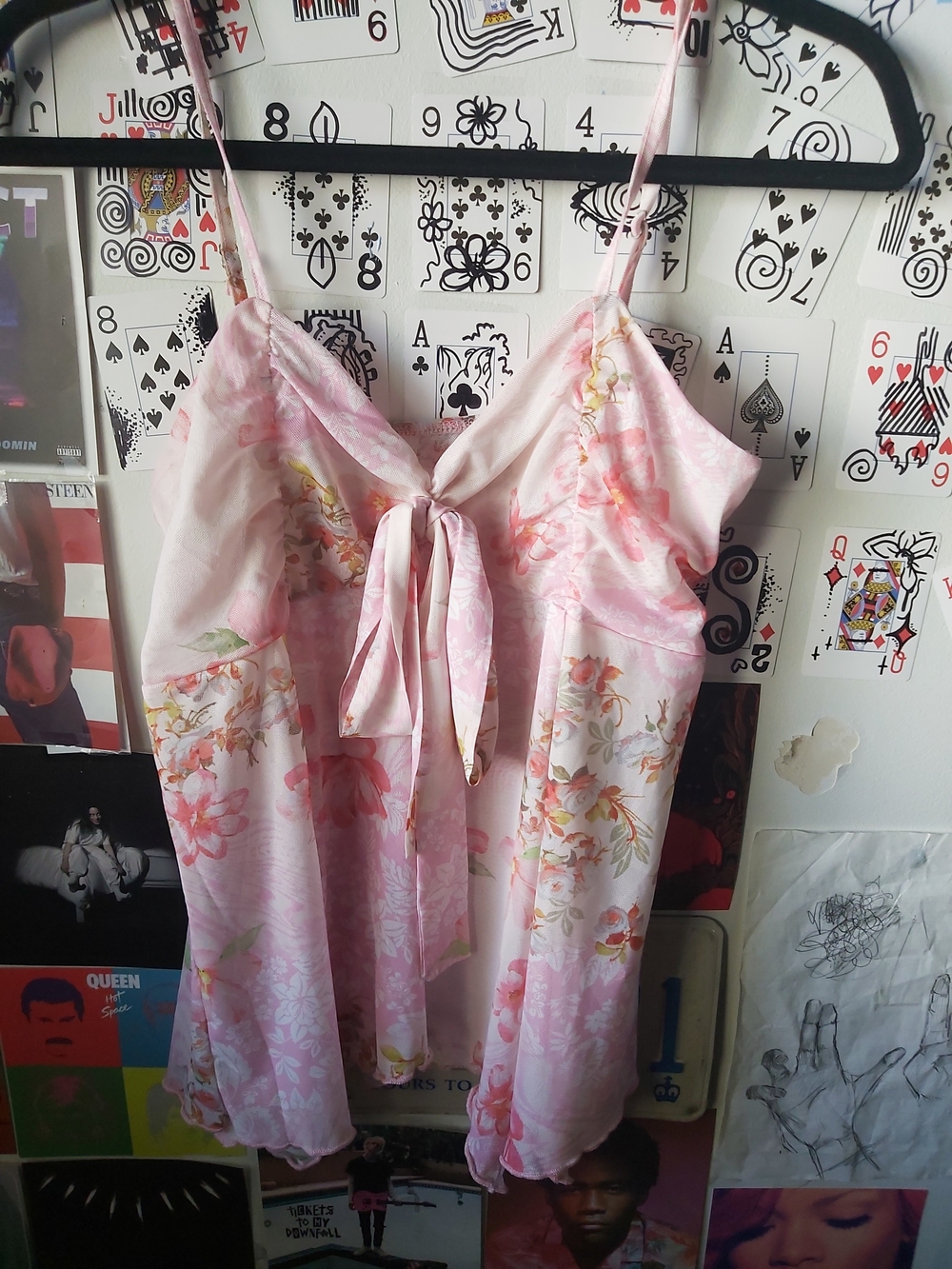 Floral Pink Satin Slip Top with Tie Front